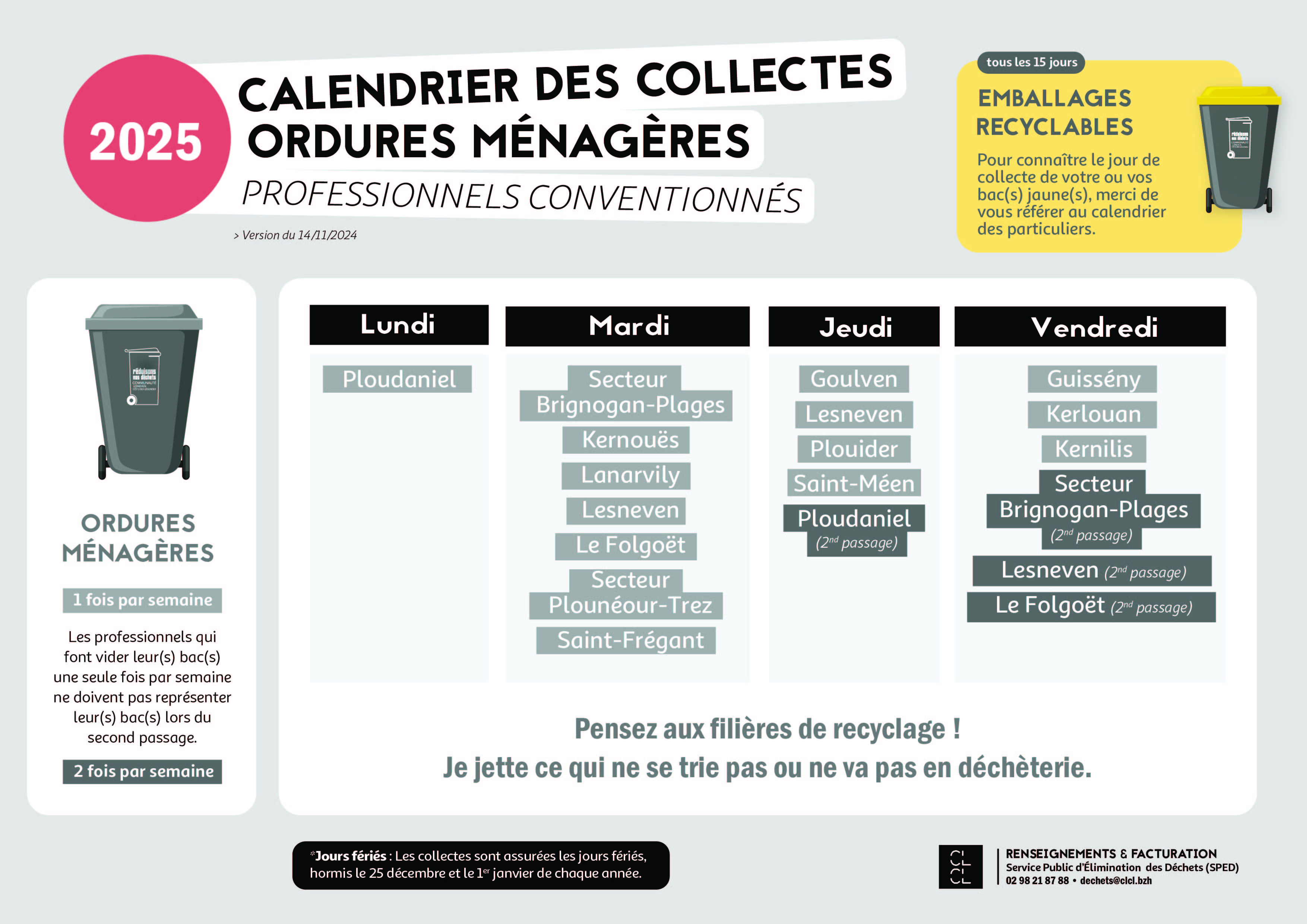 Calendrier 2024 Collecte bacs professionnels CLCL